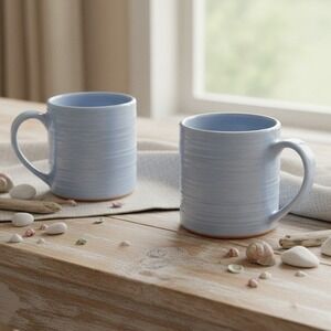 Studio Pottery Art Handcrafted Signed Alahas Blue Ribbed Mugs Set Of 2